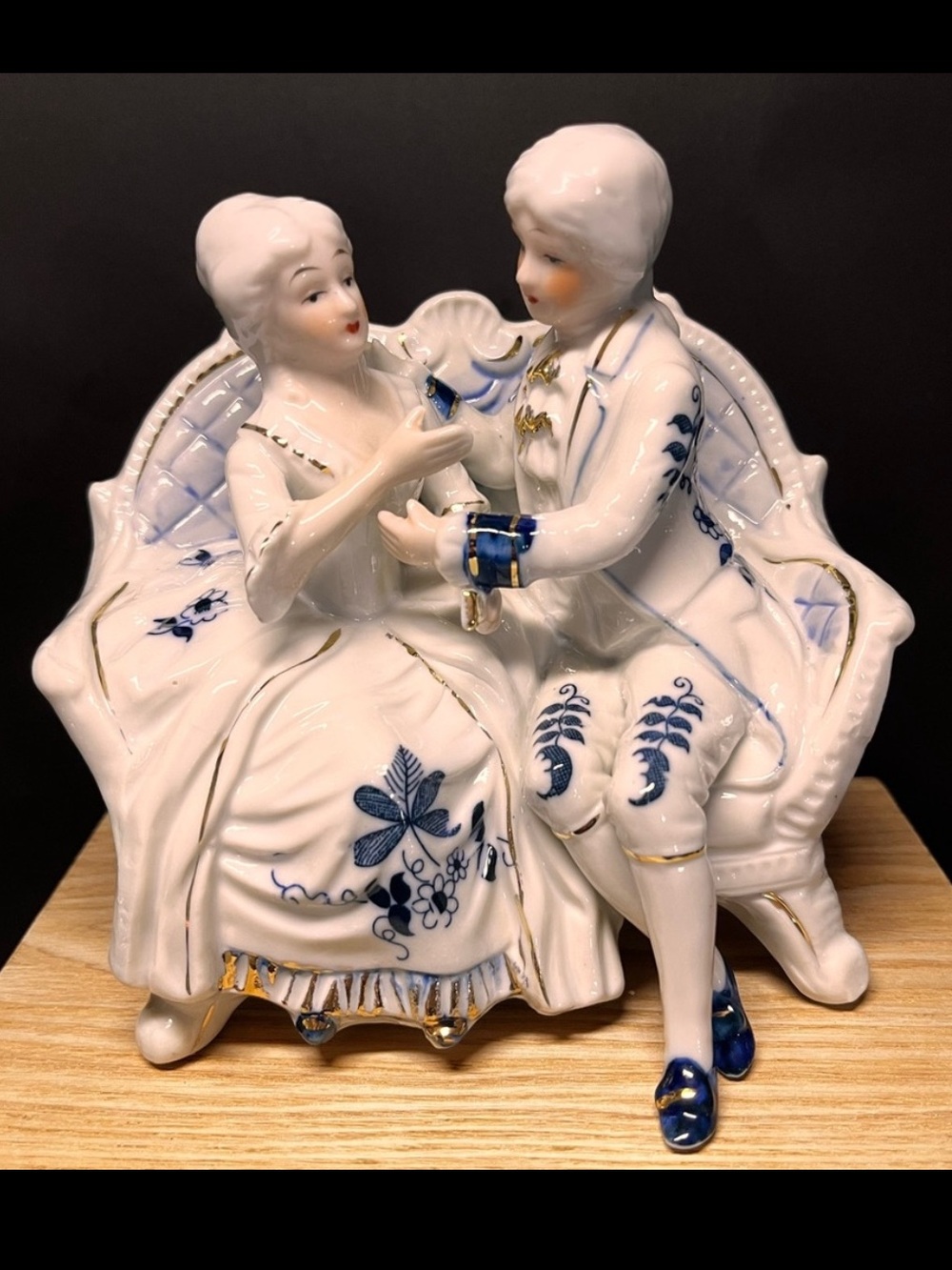 Victorian 18th Century Marie Antoinette King Louis Porcelain Blue Gold Figurine